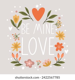Greeting card for Valentine's Day. With flowers and inscription. Vector illustration