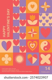Greeting Card Valentine's Day Flyer with geometric icons in retro style. Postcard template with greetings, promotions, prints . Vector