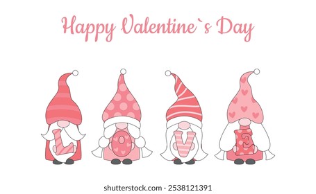 Tarjeta de felicitación para el día de San Valentín. Cuatro gnomos dulces con las letras amor. Ilustración vectorial