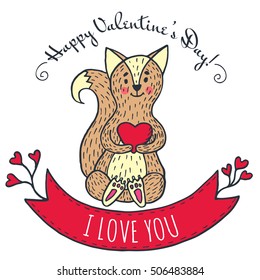 Greeting card for Valentine's Day with fox and heart. Vector Illustrated card.