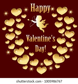 Greeting card for Valentine's day with gold cupid