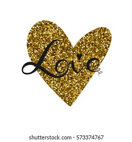 Greeting card for Valentine's Day with golden heart and hand drawn lettering.