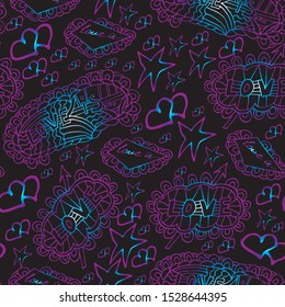 Greeting card for Valentine's Day. Hand drawn sketch. Seamless pattern, bright ornament, contour.