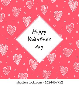 Greeting card Valentine's day with hand drawn hearts on red background. Vector illustration. For decoration Valentine's day. For greeting card, banners, web, decoration of the storefront, printing.