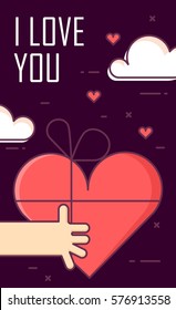 Greeting card for Valentine's day with hand and heart gift. I love you. Flat design. Vector background.
