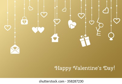 Greeting card for Valentines Day with hanging hearts, gifts on a gold background