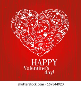 Greeting Card Valentine's Day with a heart of floral ornament on a red background / Gift Valentine's day