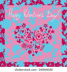 Greeting Card Valentine's Day with a heart on the floral background.