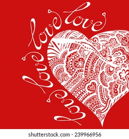 Greeting card for Valentine's Day with an image of the heart consists of many elements.