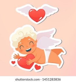 Greeting card. Valentines Day card and letter. Holiday, event, wedding, festive banner. Beautiful happy cupid flying in clouds. Angel holding love heart. Vector illustration. Isolated on background