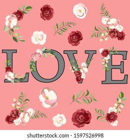 greeting card for valentines day, lettering, romantic background with floral ornament