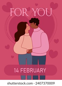 Greeting card for Valentine's Day with loving couple on pink bac