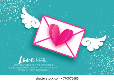 Grußkarte für Valentinstag. Mail Love und Umschlag in Papierschnitt Stil. Origami rosa Herz. Engel Flügel. E-Mail. Sei mein Valentin. 14. Februar. Nachricht. Romantische Karte auf Himmel Blau. Weißer Tag.