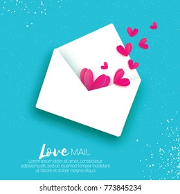Greeting card for Valentine's day. Mail Love and envelope in paper cut style. Origami Flying Pink Hearts. Be my valentine. 14 february. Message. Romantic card For wedding on blue. White day.