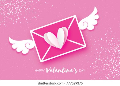 Greeting card for Valentine's day. Mail Love and envelope in paper cut style. Origami White Heart and angel wings. Be my valentine. 14 february. Message. Romantic card For wedding on pink. White day.