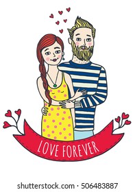 Greeting card for Valentine's Day with man and woman. Vector Illustrated card.