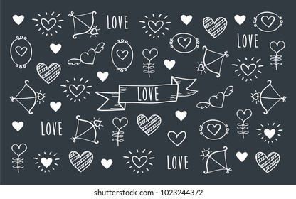 Greeting card for Valentine's Day, Mother's Day, Father's Day, birthday, wedding with hand drawn hearts. Doodles, sketch. Vector illustration.