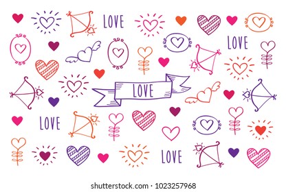 Greeting card for Valentine's Day, Mother's Day, Father's Day, birthday, wedding with hand drawn hearts. Doodles, sketch. Vector illustration.