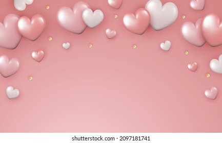 Greeting card for Valentine's Day, Mother's Day, Women's Day, Wedding. 3d realistic shiny hearts on a pink background. Vector illustration.
