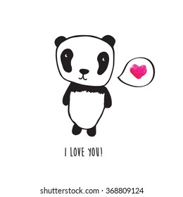 Greeting card for Valentine's Day, Mother's Day, birthday with panda and pink watercolor heart. Hand drawn panda for your design. Doodles, sketch. Vector.