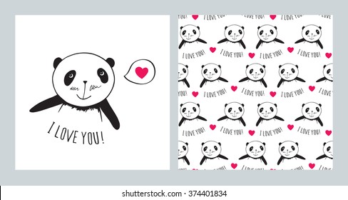 Greeting card for Valentine's Day, Mother's Day, Father's Day, birthday, wedding with panda and pink heart. Seamless pattern with pandas and hearts. Wrapping paper. Doodles, sketch. Vector.