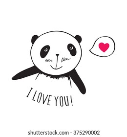 Greeting card for Valentine's Day, Mother's Day, Father's Day, birthday, wedding. Little cute panda with pink heart. Hand drawn panda for your design. Doodles, sketch. Vector illustration.