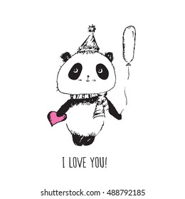 Greeting card for Valentine's Day, Mother's Day, birthday with panda and pink heart. Hand drawn panda for your design. Doodles, sketch. Vector.