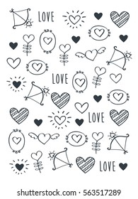 Greeting card for Valentine's Day, Mother's Day, Father's Day, birthday, wedding with hand drawn elements. Doodles, sketch. Vector illustration