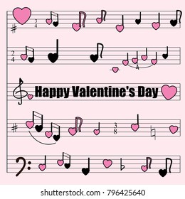 Greeting card for Valentine's Day: a musical mill with stylized notes, violin and bass keys, hearts. Musical romantic background. An interesting version of the texture of the packaging paper.