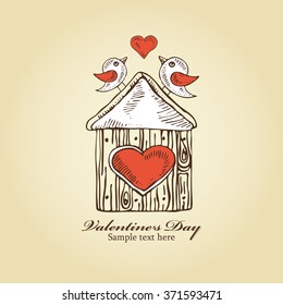 Greeting card for Valentine's Day with nesting box and birds, hand drawn