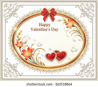 Greeting card for Valentine's day on a light background with hearts, ornament and flowers