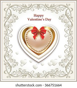 Greeting card for Valentine's day on a light background in a frame with an ornament and heart