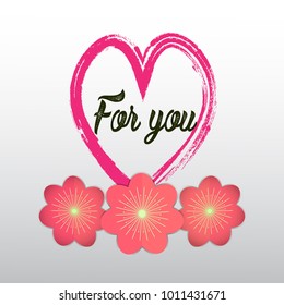 Greeting card. Valentine's Day. Pink flowers and abstract heart on a gray background. Vector illustration.
