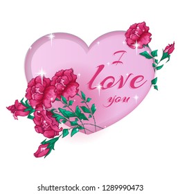 Greeting card for Valentine's Day with a pink heart cut out of paper and a bouquet of luxurious red roses.