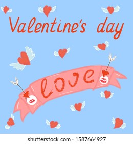 Greeting card with Valentine's Day. Pink ribbon, arrows, heart with wings, traces of lipstick. Text: "Valentine's Day, love." Vector illustration on a blue background.