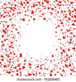 Greeting card Valentine's day with place for text. Red confetti of hearts flying randomly on white background. Abstract background can be used for holidays, celebration, declaration of love postcard