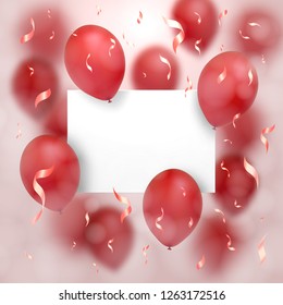 Greeting card for Valentine's day. Red balloons fly around the sheet of paper on which is any of your text. On a pink background. Trim shiny packaging tape. Realistically. 10 eps