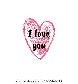Greeting card Valentine's day. Red heart with texture and text. Vector illustration. For decoration Valentine's day. For greeting card, banners, web design, printing on t-shirts, textile, crockery.