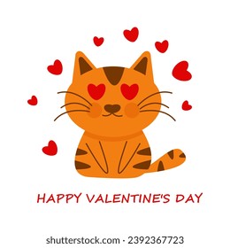 Greeting card for Valentine's Day. Red cat in love design with hearts and Happy Valentine's Day inscription. Vector romantic illustration, love card design, eps 10.