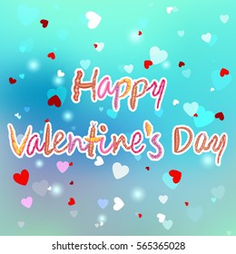Greeting card Valentine's Day, a lot of red hearts on a blue background