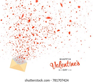 Greeting card Valentine's day. Red confetti of hearts flying randomly out of letter on white background. Abstract background can be used for holidays, celebration, declaration of love postcard