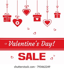 Greeting card for Valentine's Day. Red hearts and gift boxes hanging, ribbon with inscription. Vector illustration