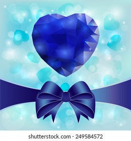 Greeting card for Valentine's day with ribbon, bow and polygonal heart. Vector illustration.