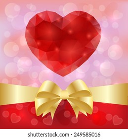 Greeting card for Valentine's day with ribbon, bow and polygonal heart. Vector illustration.