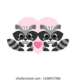 Greeting card for Valentine's Day. Romantic funny card with raccoons and heart.Cartoon vector illustration.