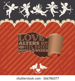 Greeting Card for Valentine's Day. Set of Contour Cupids and Textured Ornamental Wallpaper with the Romantic Sentence