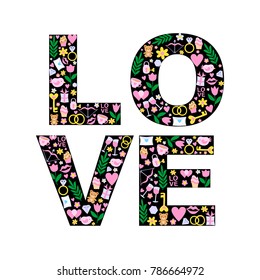 Greeting card for Valentines Day. Set valentines day icons in the form of LOVE. Love concept. Vector illustration