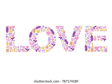 Greeting card for Valentines Day. Set of valentines day icons in the form of LOVE. Love concept. Vector illustration