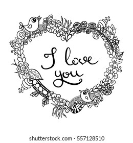 Greeting card for Valentines day with sign I love you in doodle floral heart with birds, line silhouette, vector illustration