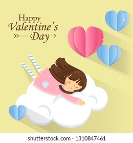 Greeting card for Valentine's Day. Sweet girl on cloud with Paper heart on pastel background.